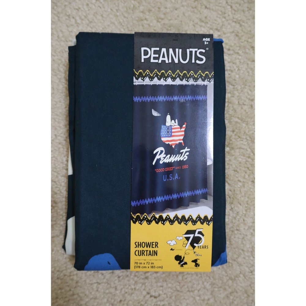 Americana Snoopy Peanuts Shower Curtain 70x72 Navy Blue 75th Anniversary HN489E